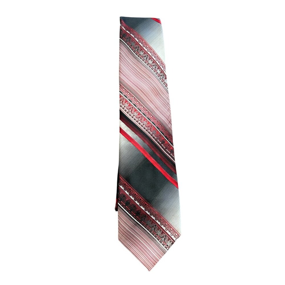 Oleg Cassini Mens Parisian Silk Striped Necktie Red Gray